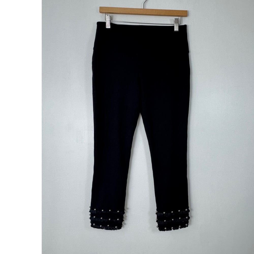 Boho Chic Athena Marie Womens Large Crop Pants Black Fringe Studded Hem Stretch